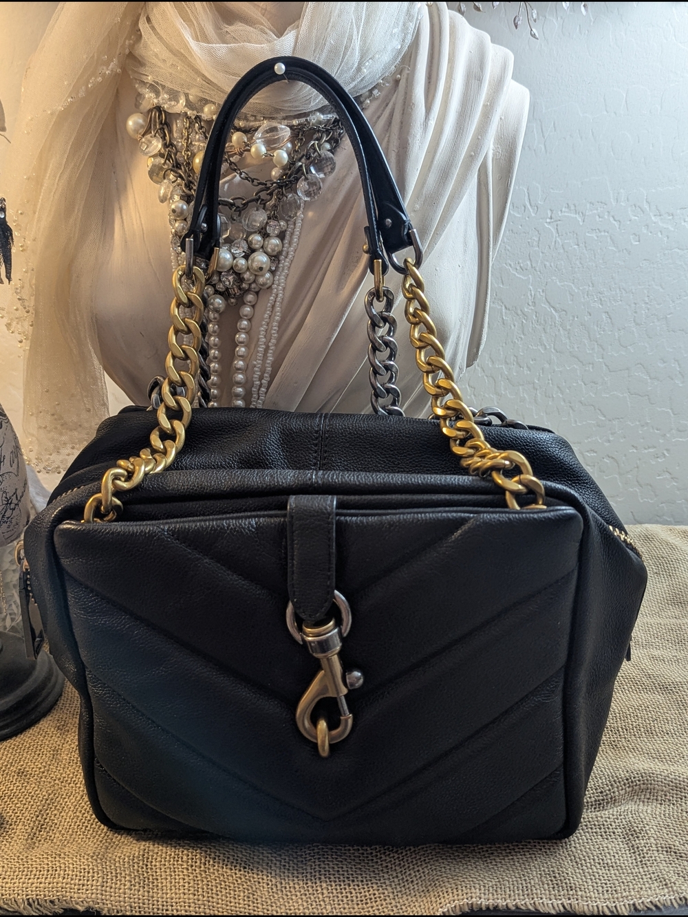 Rebecca Minkoff Edie Black Leather Chevron Shoulder Bag - Gold and Silver Chains